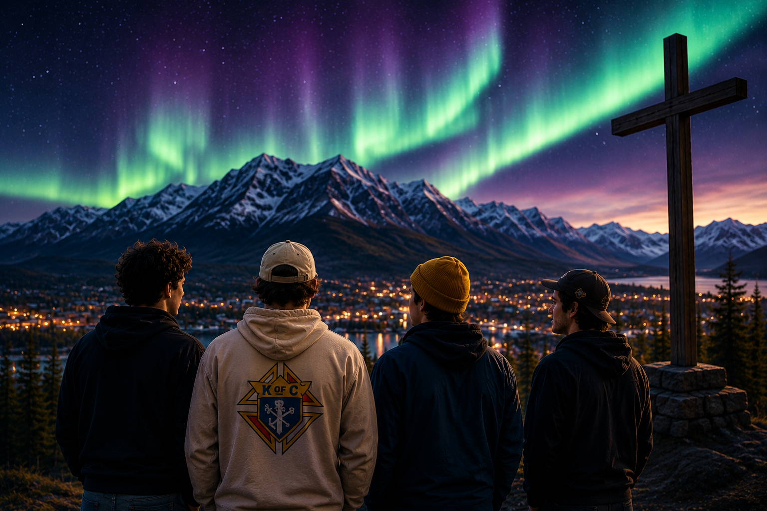 Yukon Knights overlooking the northern lights beside a wooden cross.